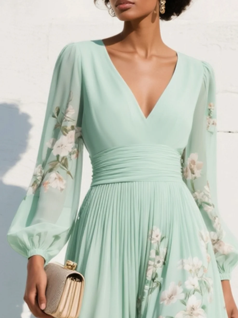 Light Green V-Neck Chiffon Pleated Floral Midi Dress
