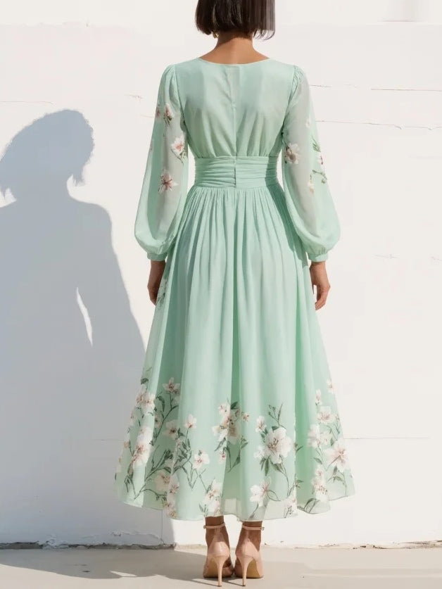 Light Green V-Neck Chiffon Pleated Floral Midi Dress