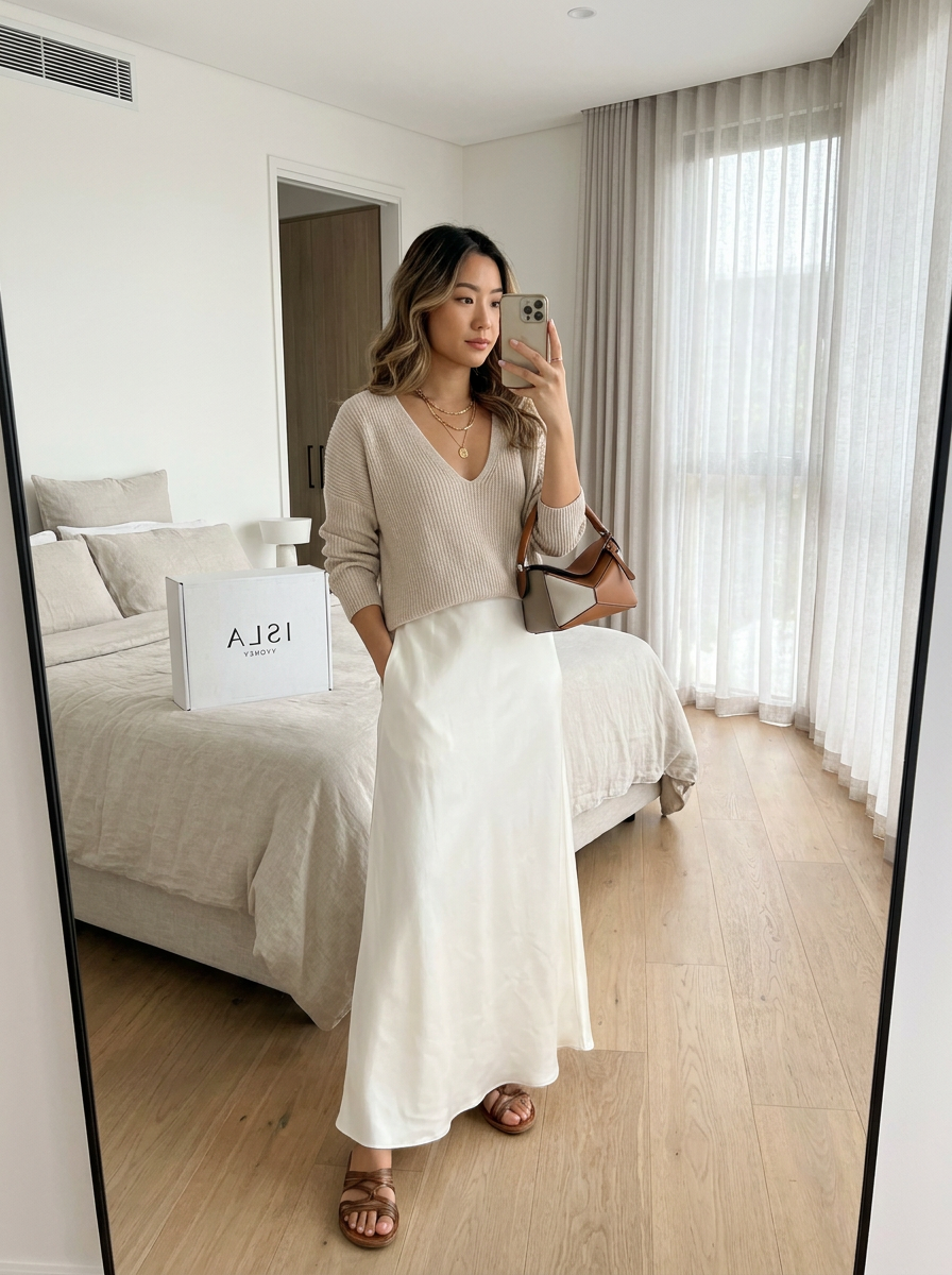 Chloe | Effortless Ivory Knit & Satin Midi Ensemble