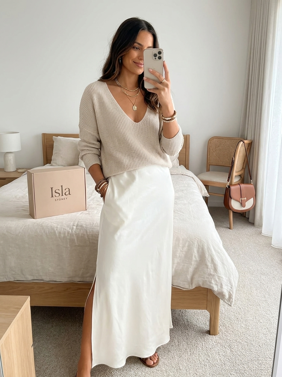 Chloe | Effortless Ivory Knit & Satin Midi Ensemble
