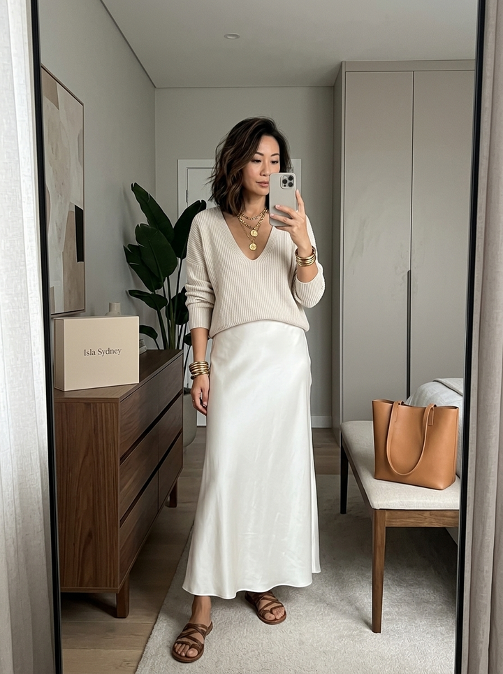 Chloe | Effortless Ivory Knit & Satin Midi Ensemble